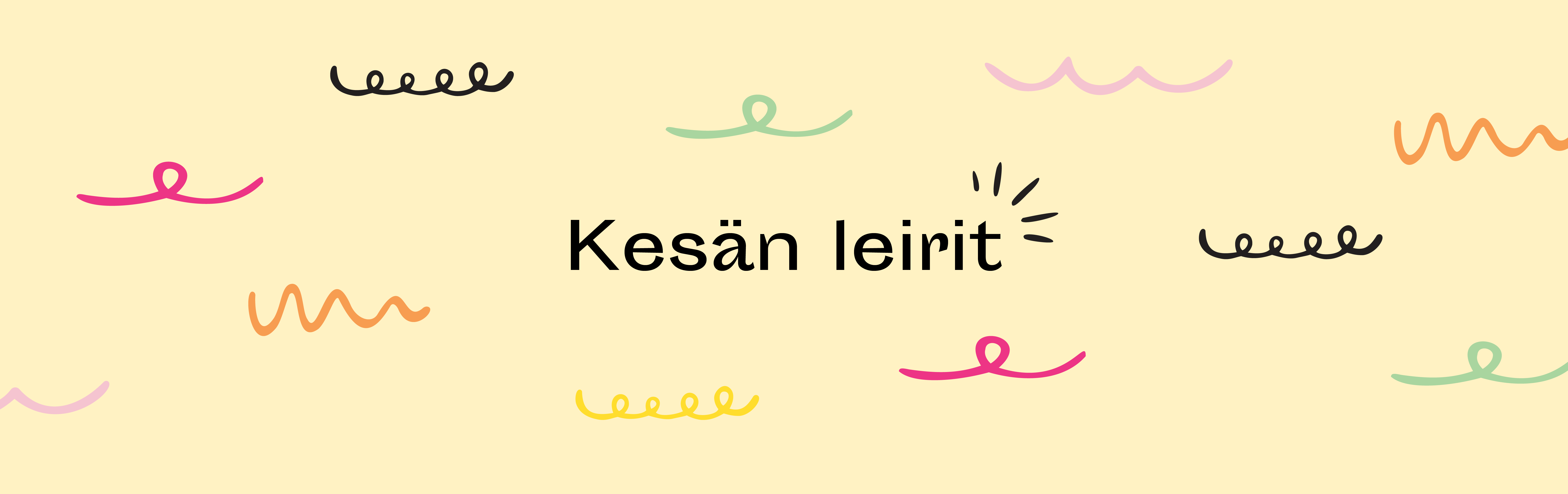 Kuva, jossa taustalla keltainen sävy ja erivärisiä koukeroita. Tekstinä lukee kesän leirit.